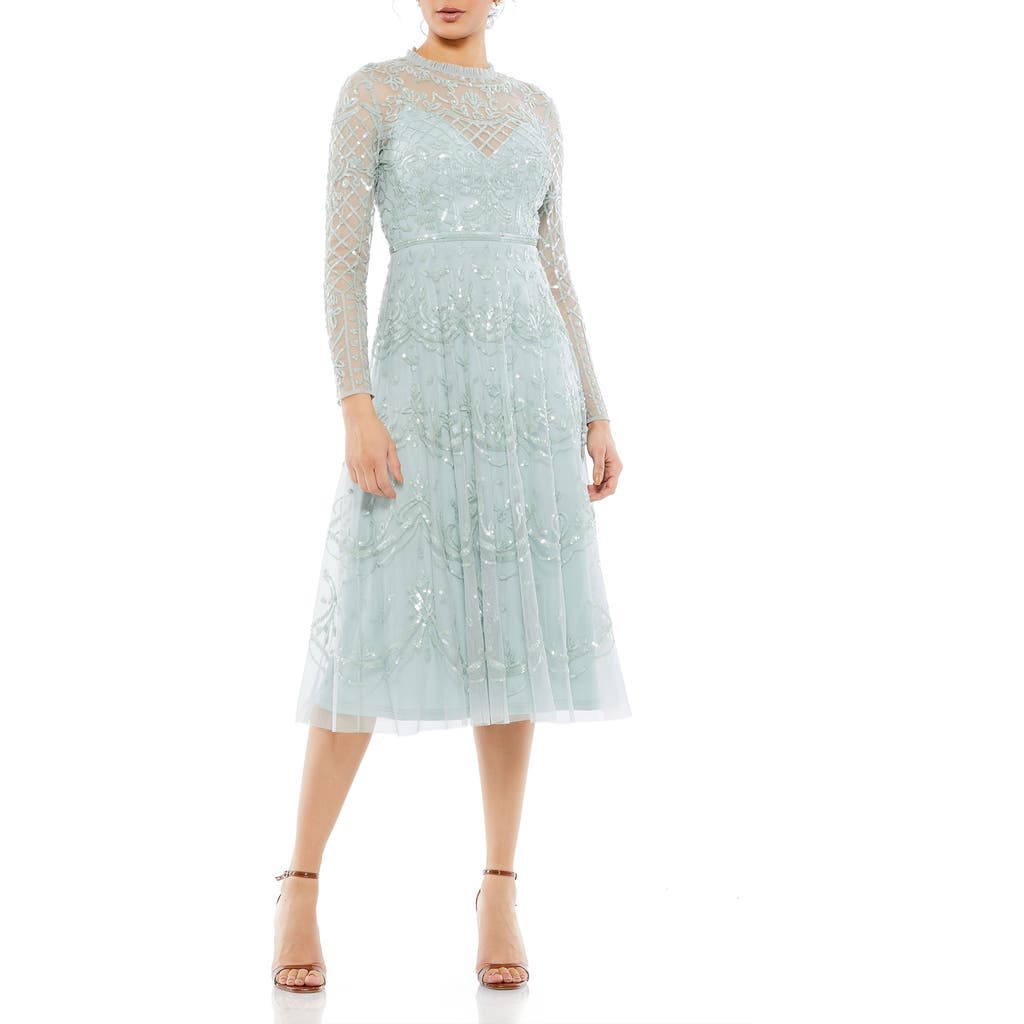 Mac Duggal Sequined Illusion High Neck Long Sleeve Midi Dress In Seafoam