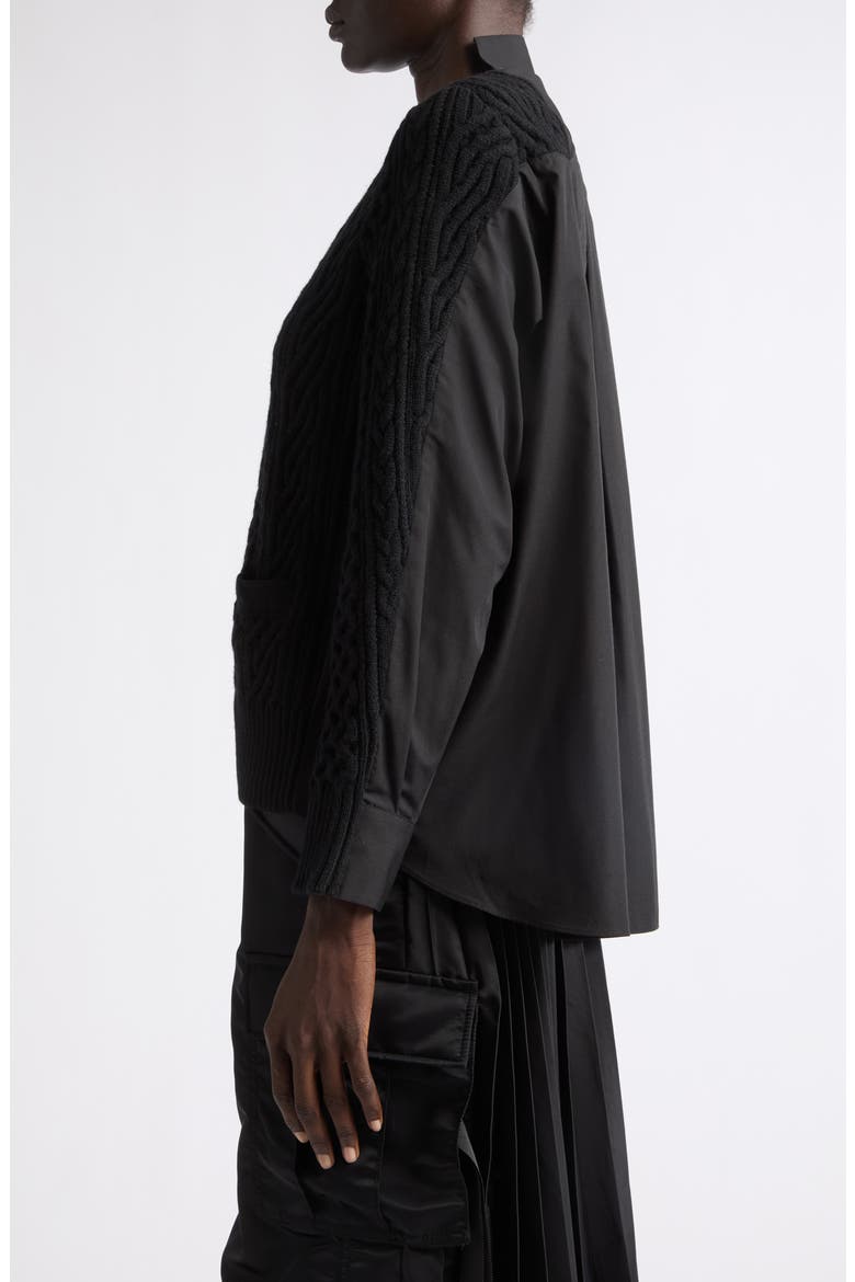 Mixed Media Wool Cable & Poplin Shirt Cardigan, Alternate, color, BLACK/ DARK BLACK
