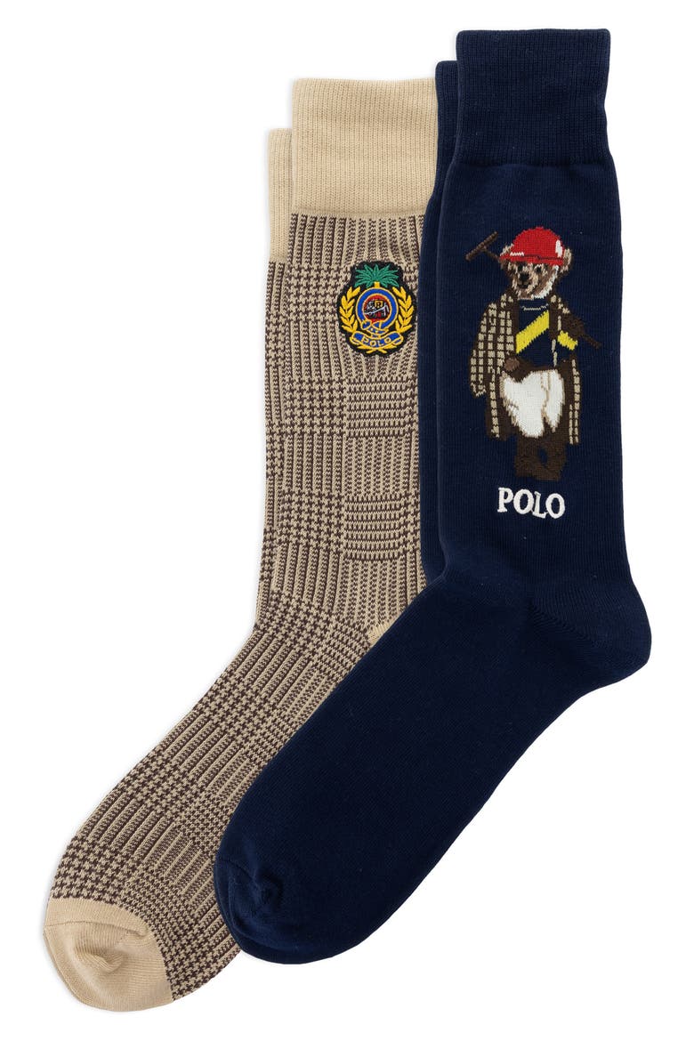 Assorted 2-Pack Polo Society Bear Cotton Blend Dress Socks, Main, color, NAVY