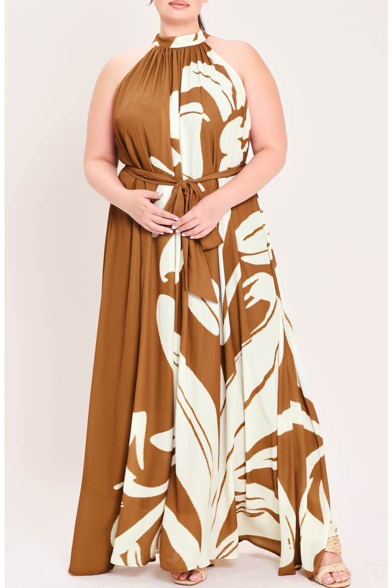 Printed Halter Maxi Dress, Alternate, color, BROWN