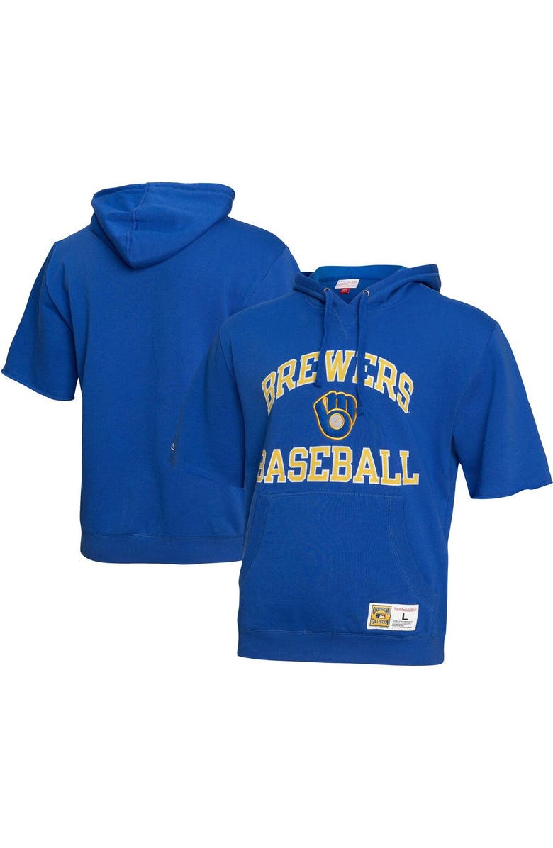 Mitchell & Ness Men's Mitchell & Ness Royal Milwaukee Brewers Cooperstown Collection Washed Fleece Pullover Short Sleeve Hoodie, Main, color, 