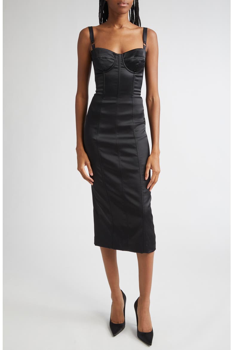 Bustier Detail Satin Midi Dress, Main, color, N0000 NERO