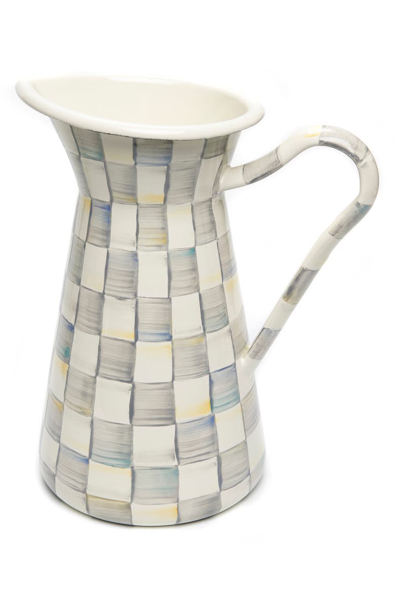 MACKENZIE CHILDS Sterling Check Large Enameled Steel Practical Pitcher, Main, color, Grey/ White