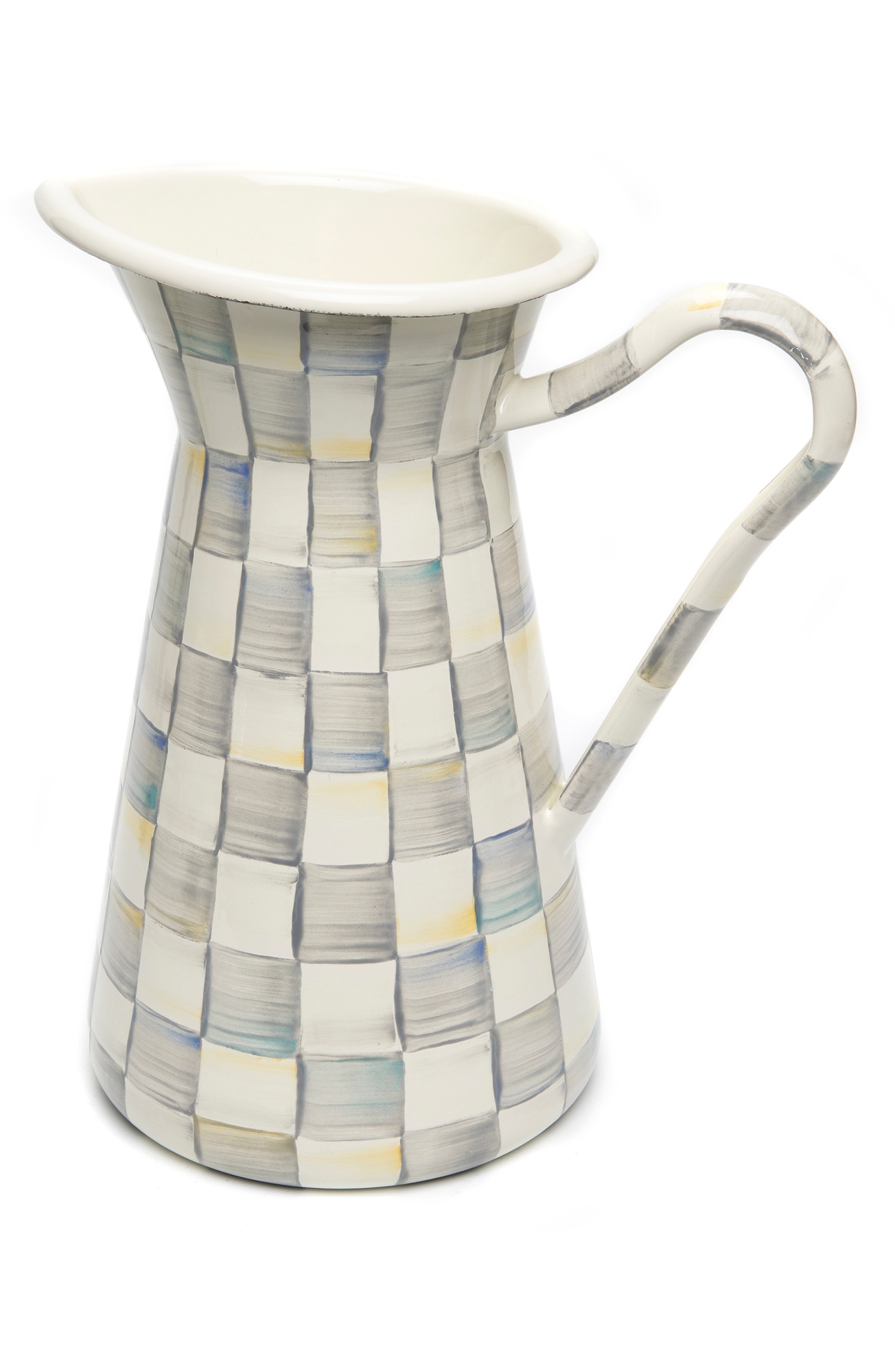 MACKENZIE CHILDS Sterling Check Large Enameled Steel Practical Pitcher - Grey/ White