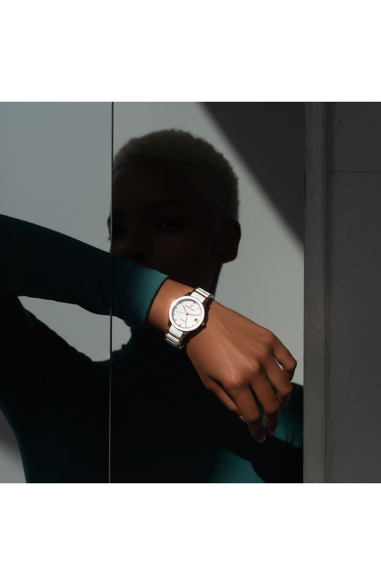 NCMPRBL Petite Link Butterscotch Quartz Movement Ceramic Bracelet Watch, 34MM, Alternate, color, White Brilliant, Rose Gold