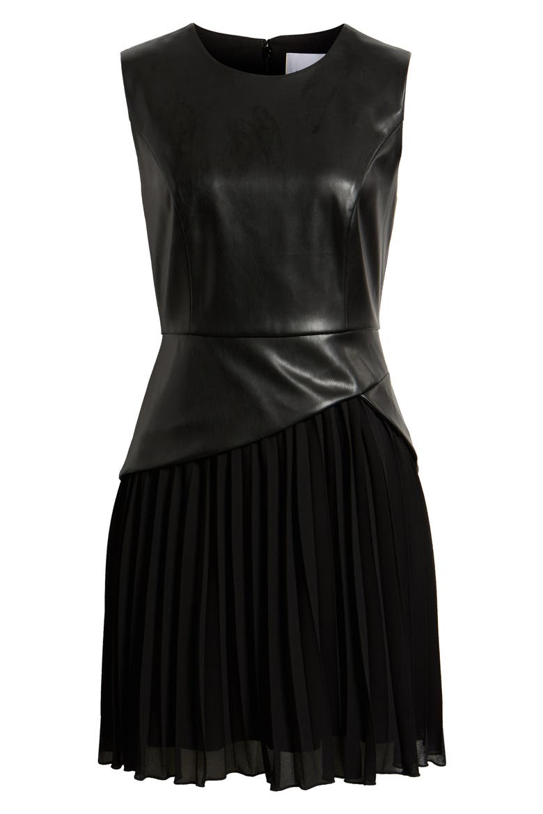 Pleated Skirt Sleeveless Faux Leather Dress, Alternate, color, BLACK