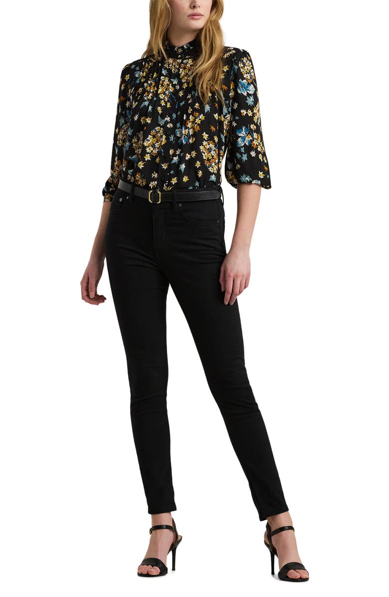 Lauren Ralph Lauren Floral Pintuck Button-Up Shirt, Alternate, color, Black Multi