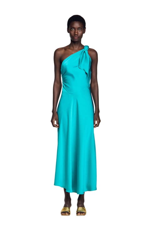 Satin-effect maxi dress with bow