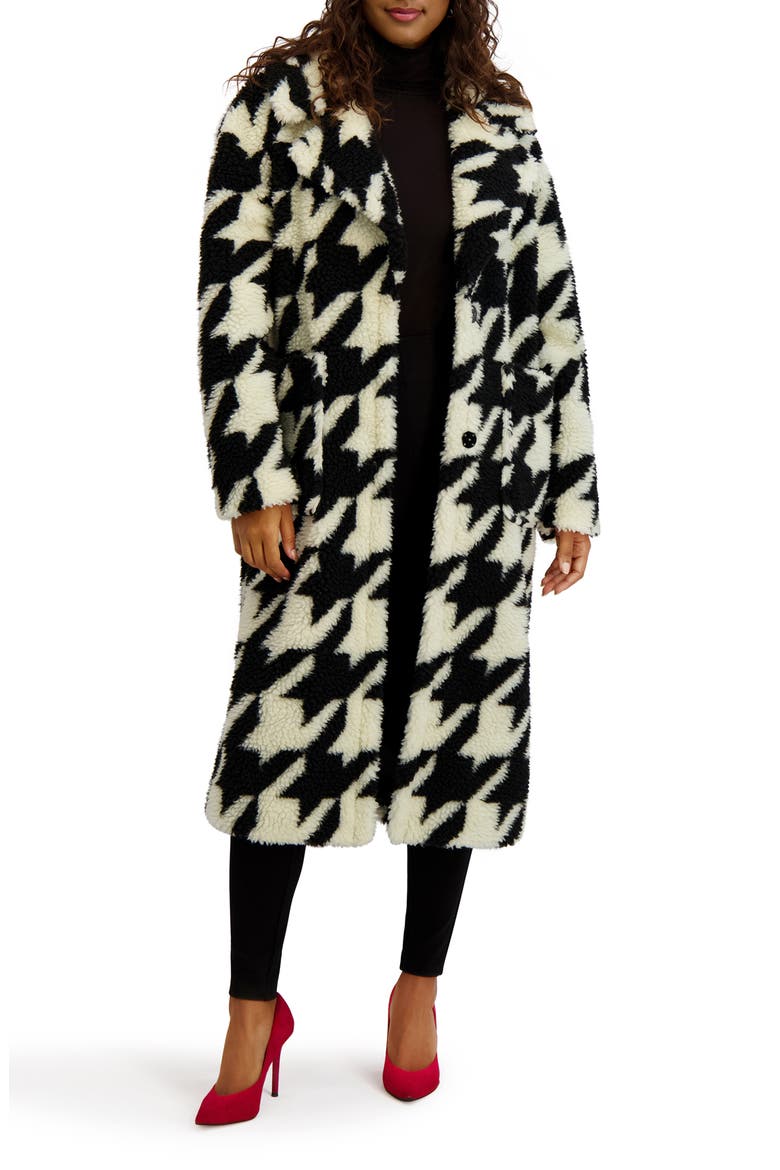 Houndstooth Faux Shearling Coat, Alternate, color, BLACK/ WHITE