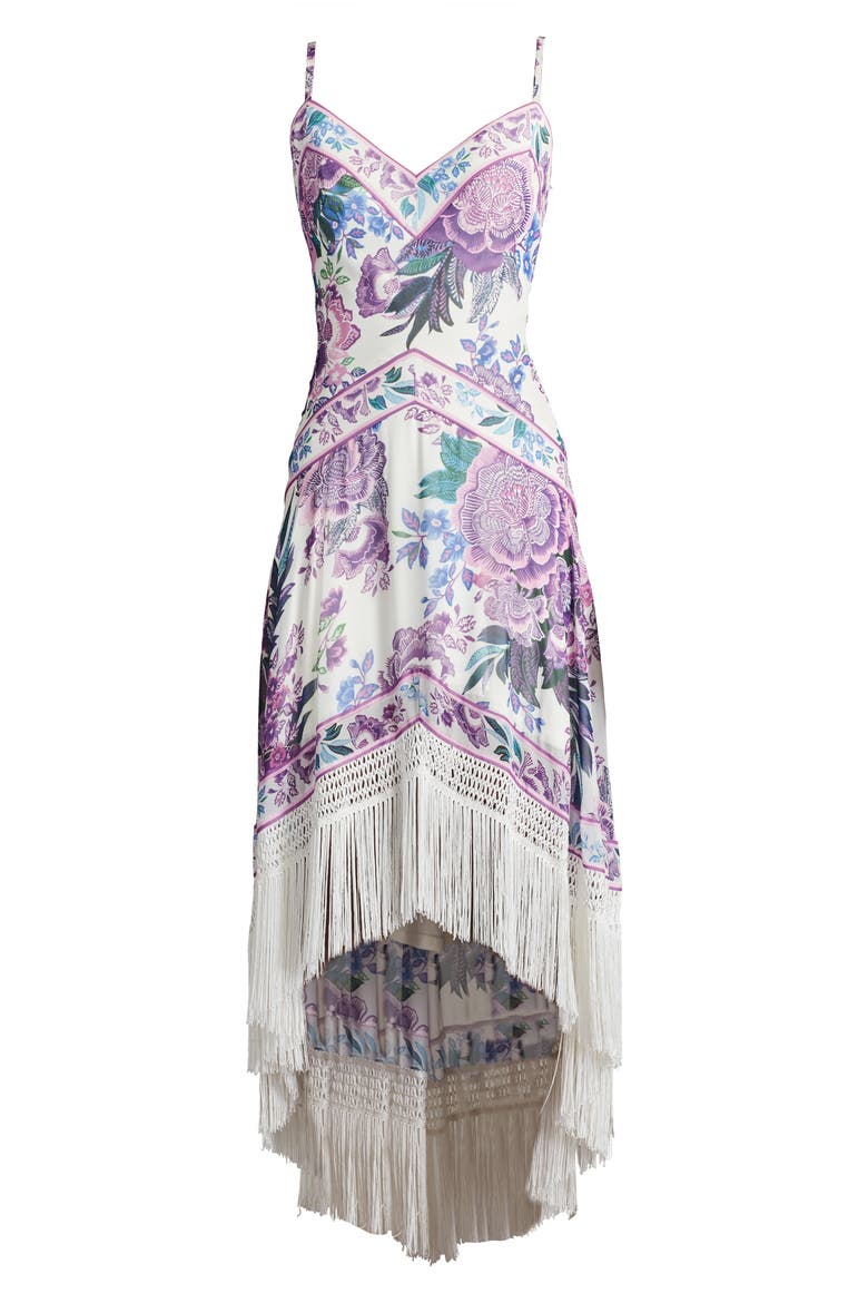 Scarf Print Fringe Detail High-Low Cocktail Dress, Alternate, color, WHITE/ PURPLE FLORAL