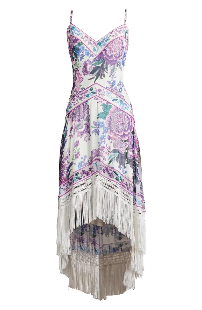 Tadashi Shoji Scarf Print Fringe Detail High-Low Cocktail Dress, Alternate, color, White/ Purple Floral