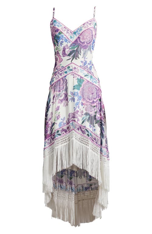 Tadashi Shoji Lua Floral Print Tassel Fringe Slip Dress In White/purple Floral