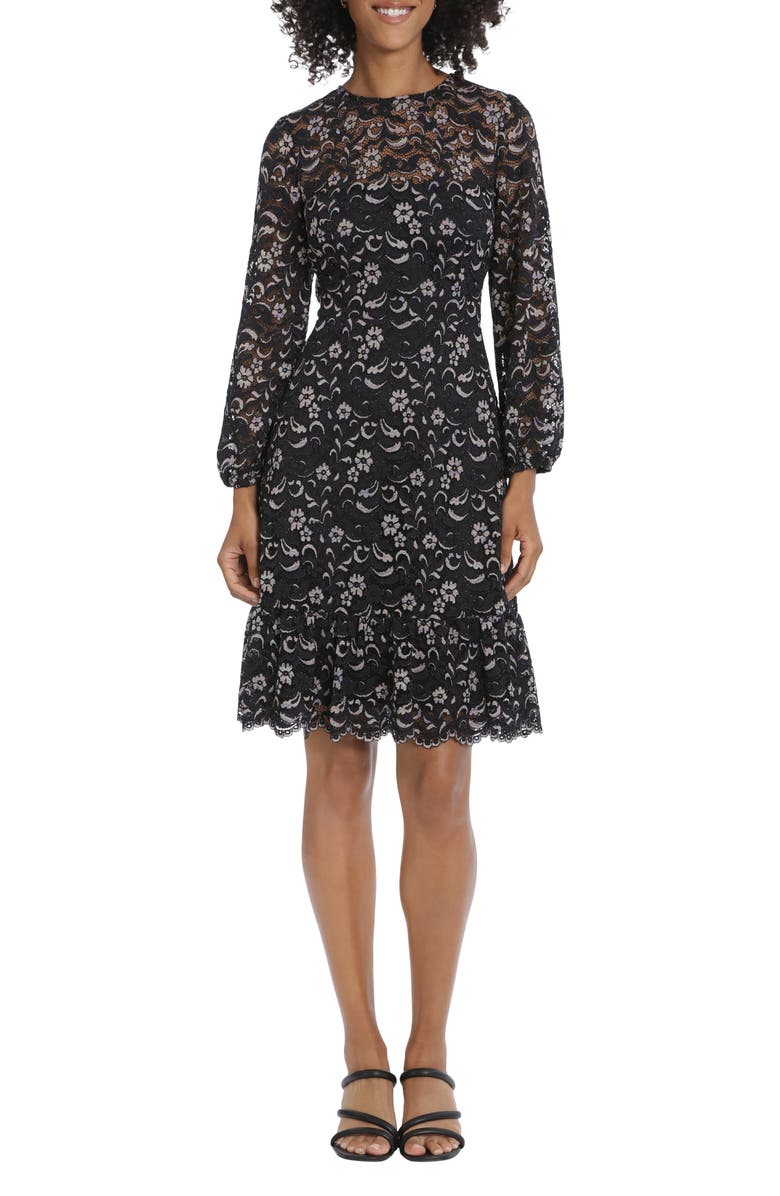 Maggy London Floral Lace Long Sleeve Fit & Flare Dress, Main, color, Blk Multi