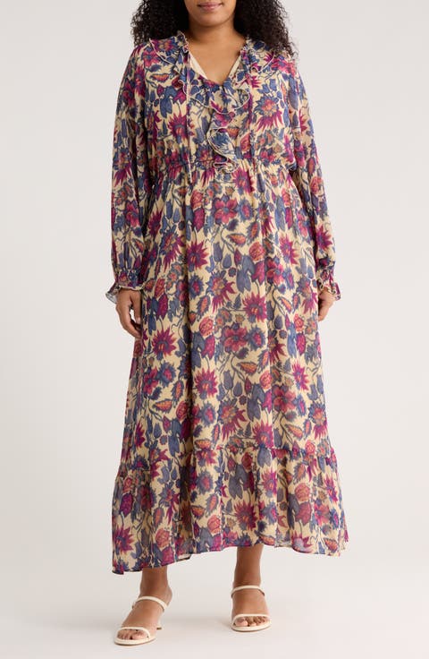 Floral Long Sleeve Ruffle Chiffon Maxi Dress (Plus)