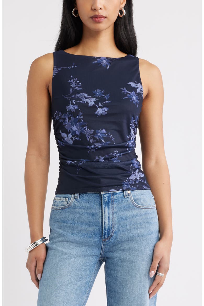 Ruched Mesh Tank, Main, color, NAVY- BLUE GARDEN TRAILS