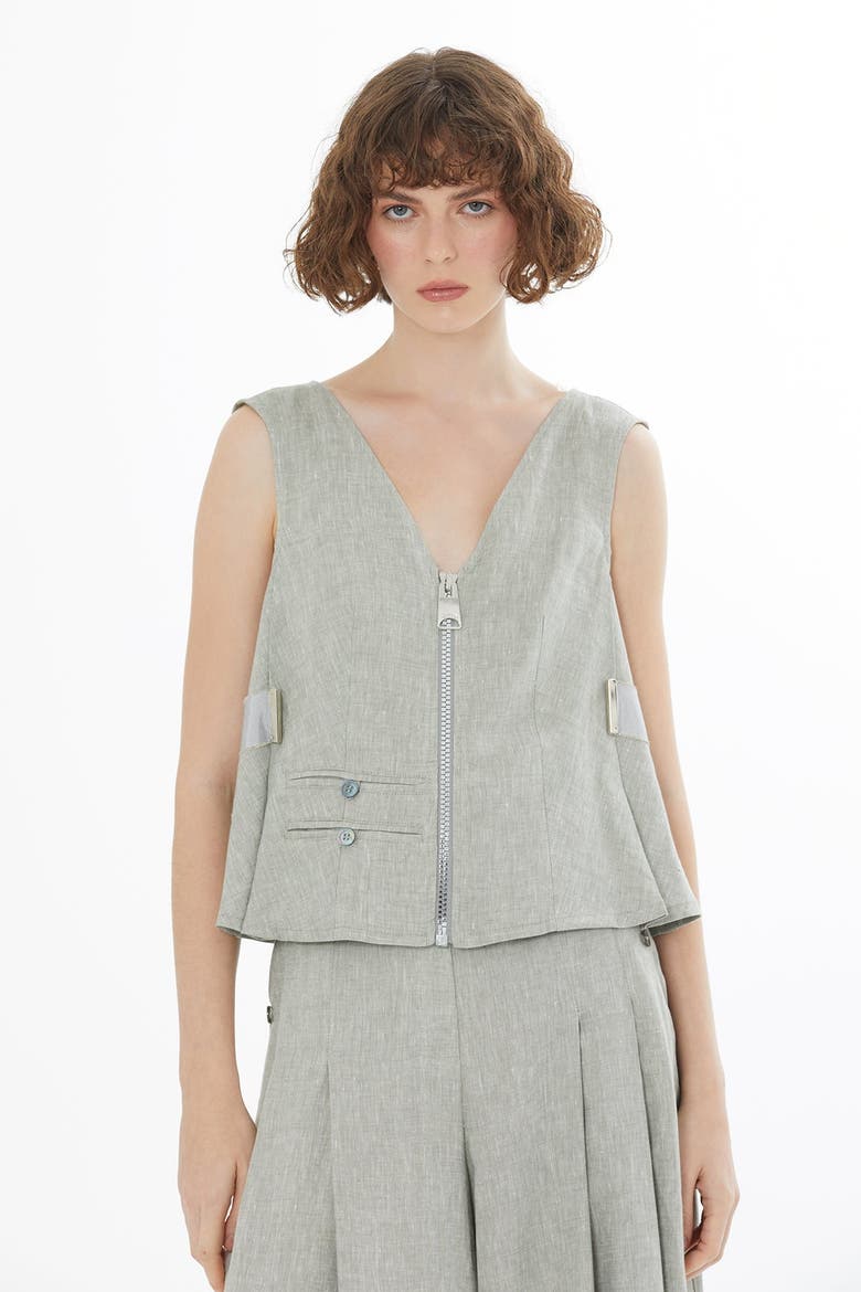 Green Sleeveless Pocket Linen Blouse, Alternate, color, Green