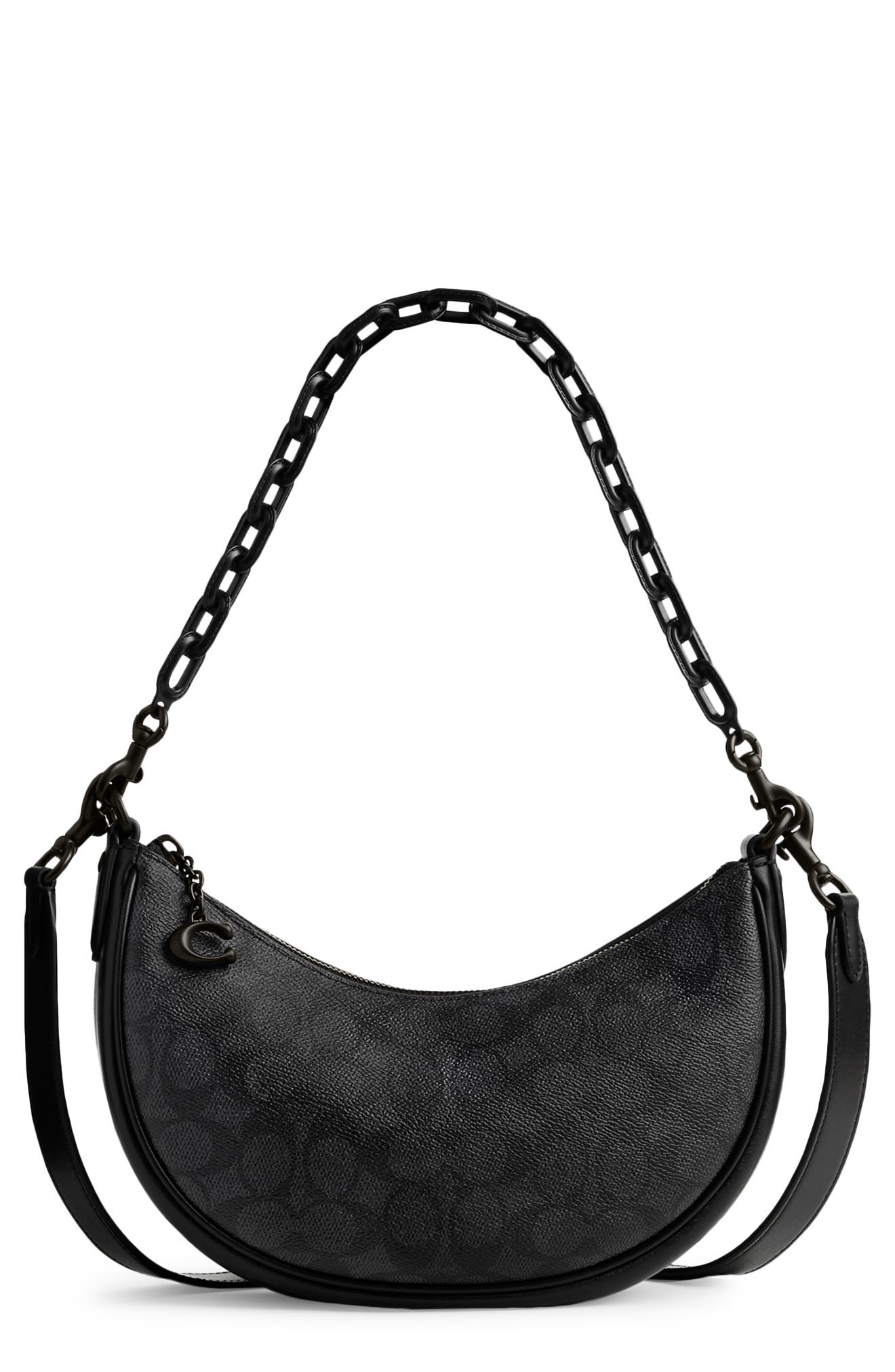 COACH Black Collection Signature Coated Canvas & Leather Shoulder Bag, Main, color, 