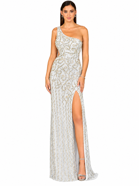 One-Shoulder Beaded Gown with Slit