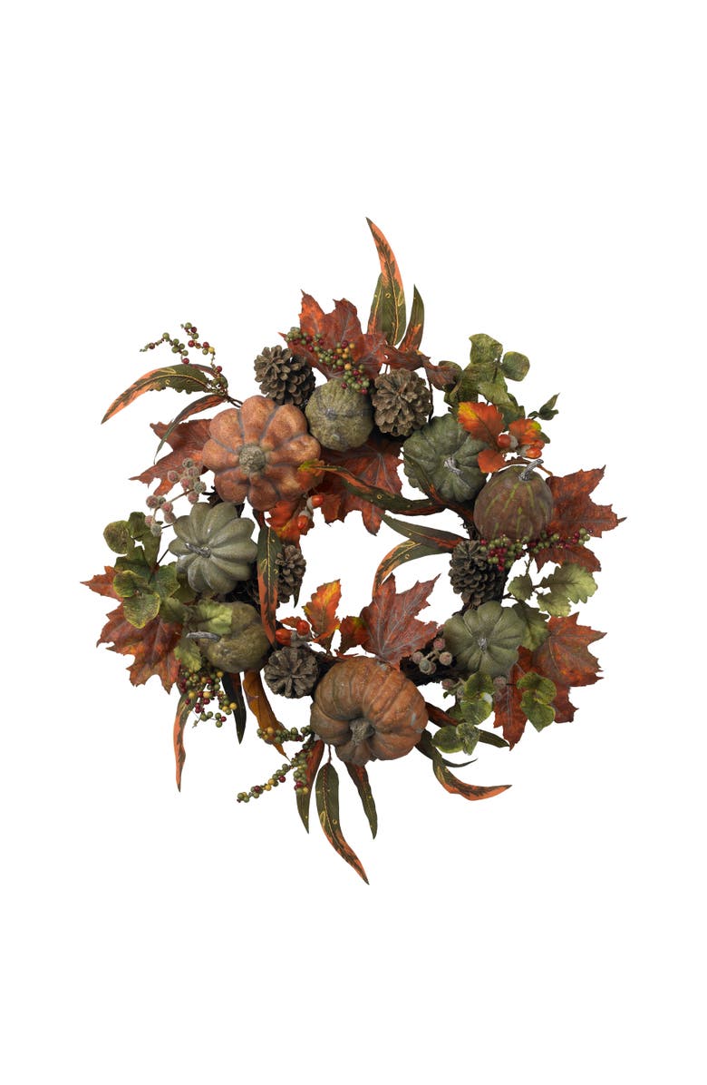 NEARLY NATURAL 24-in Pumpkin & Gourd Wreath, Main, color, Green/Orange