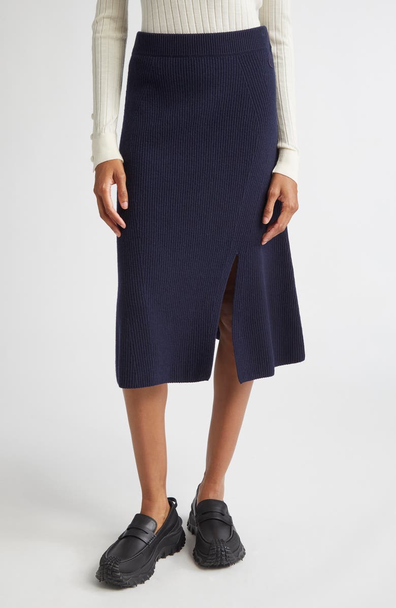 Moncler Virgin Wool & Cashmere Midi Sweater Skirt, Main, color, Deep Navy