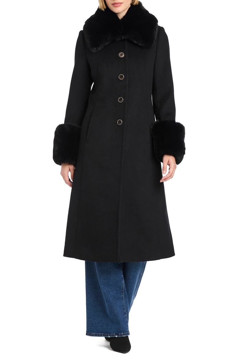 Faux Fur Trim Maxi Coat, Main, color, BLACK
