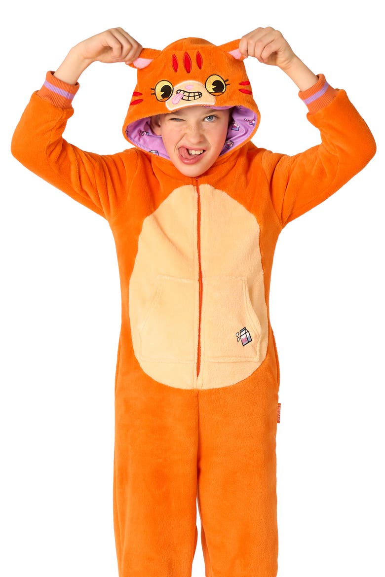 Kids' Orange Cat One Piece Hooded Jumpsuit, Alternate, color, ORANGE