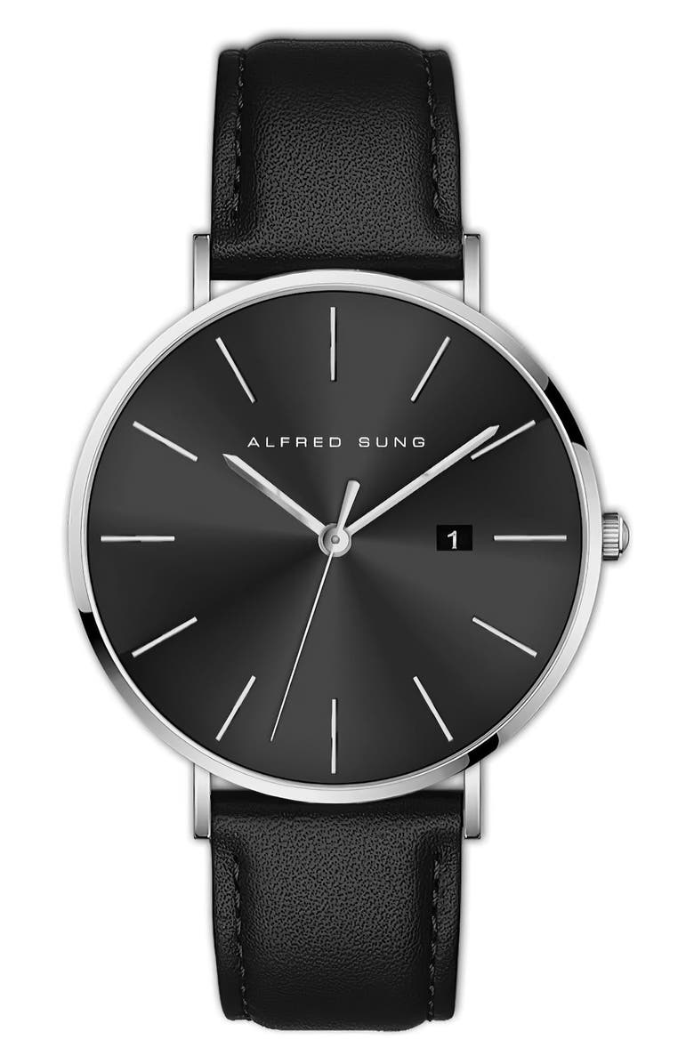 Alfred Sung Metropolitan Leather Strap Watch, 42mm, Main, color, Black