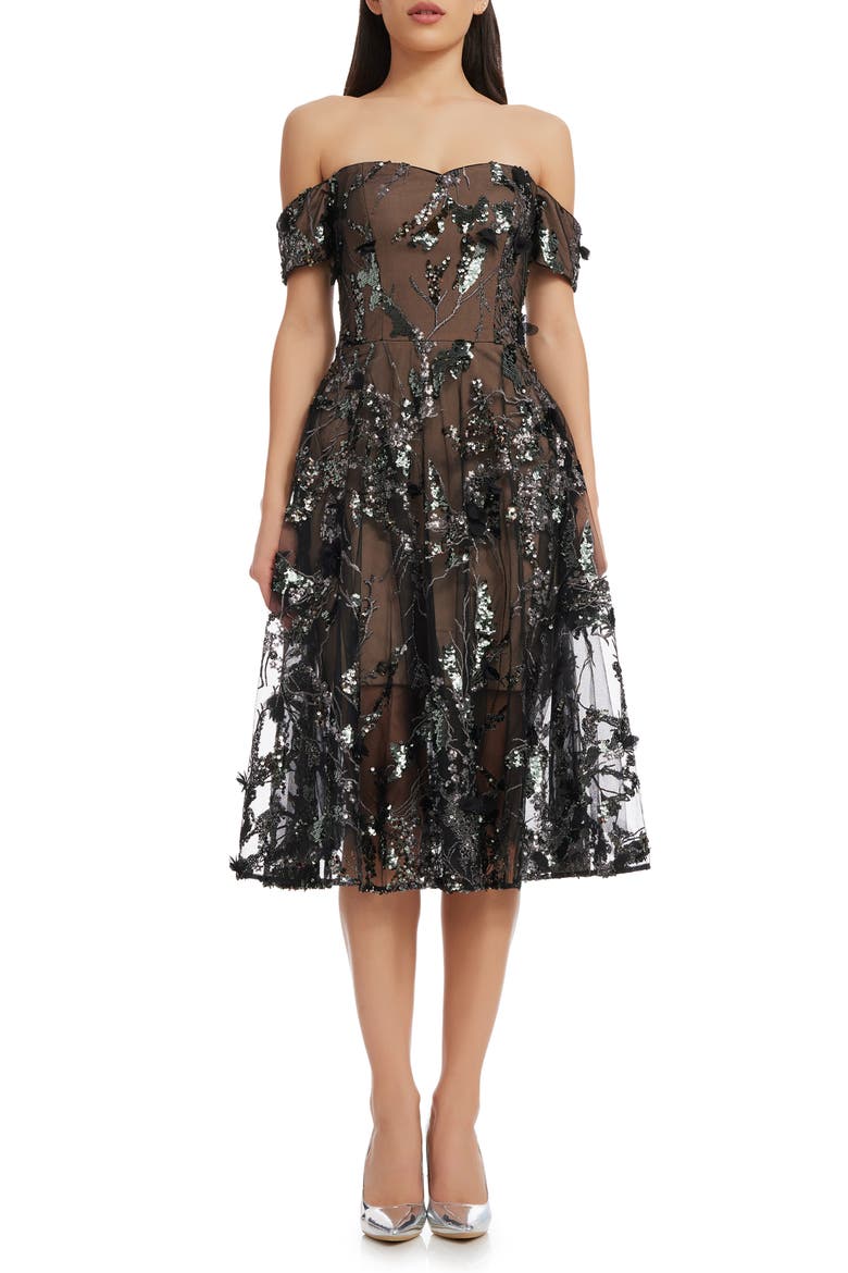 Valeria Sequin Off the Shoulder Cocktail Dress, Main, color, BLACK MULTI