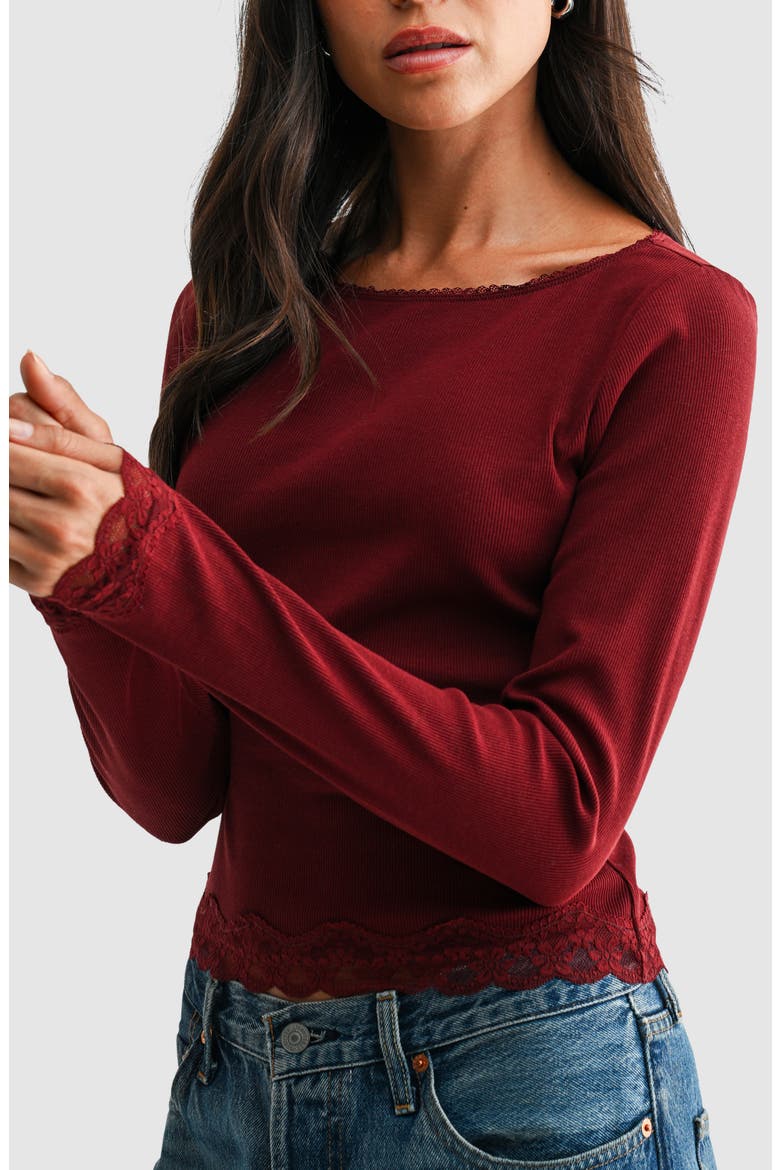 Lace Trim Long Sleeve Knit Top, Alternate, color, BURGUNDY