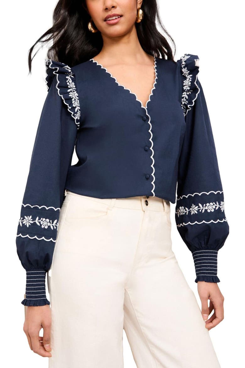 Ruffle Embroidered Scallop Trim Top, Main, color, BLUE