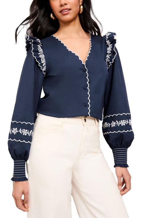 Ruffle Embroidered Scallop Trim Top