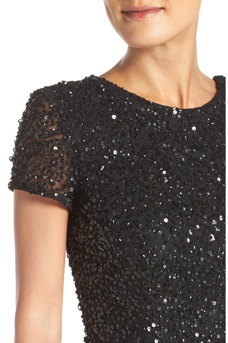 Short Sleeve Sequin Mesh Gown, Alternate, color, BLACK
