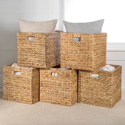 Bryce Classic Farmhouse Handwoven Hyacinth Collapsible Storage Cube Baskets with Handles, (Set of 5)