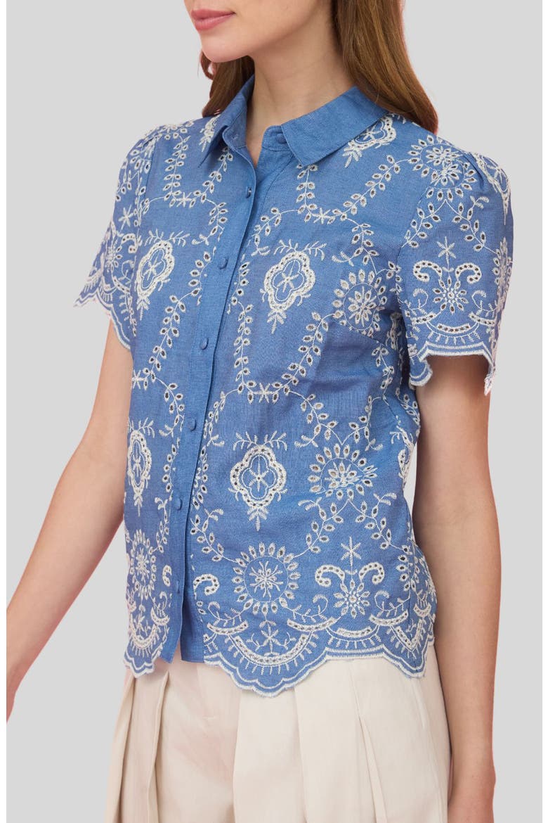 Embroidered Eyelet Cotton Button-Up Top, Alternate, color, BLUE