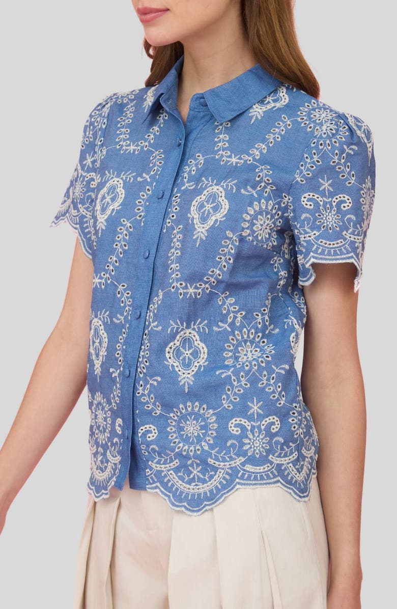 ZOE AND CLAIRE Embroidered Eyelet Cotton Button-Up Top, Alternate, color, Blue