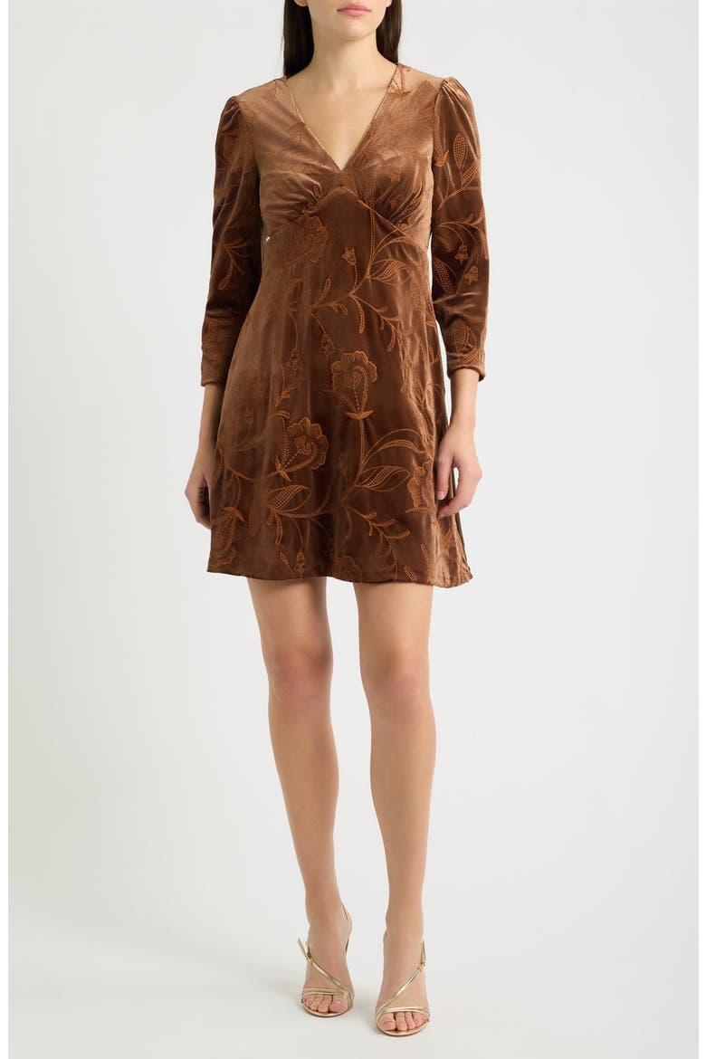 Long Sleeve Embroidered Velvet Dress, Main, color, CHOCOLATE