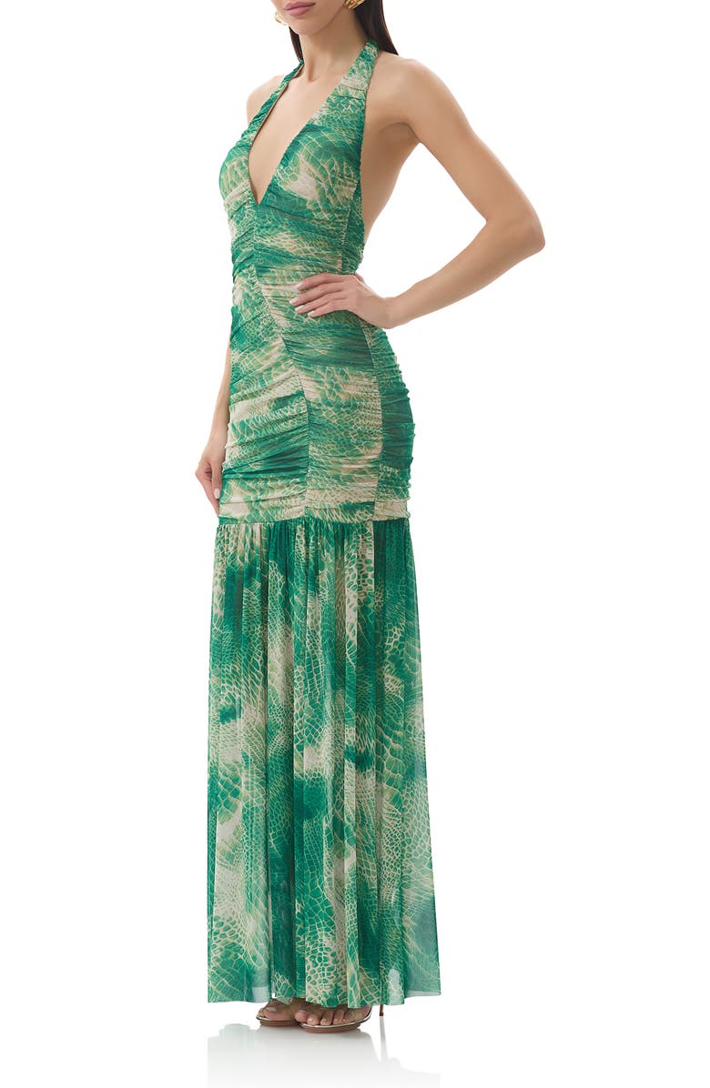 AFRM Lapointe Snakeskin Print Halter Dress, Alternate, color, Green Snake