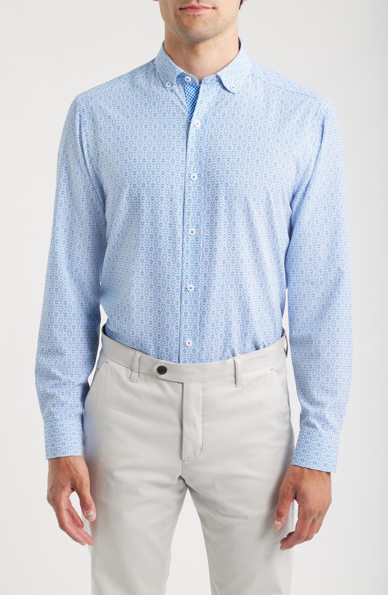 Johnston & Murphy XC+<sup>™</sup> Football Print Performance Button-Down Shirt, Main, color, Royal