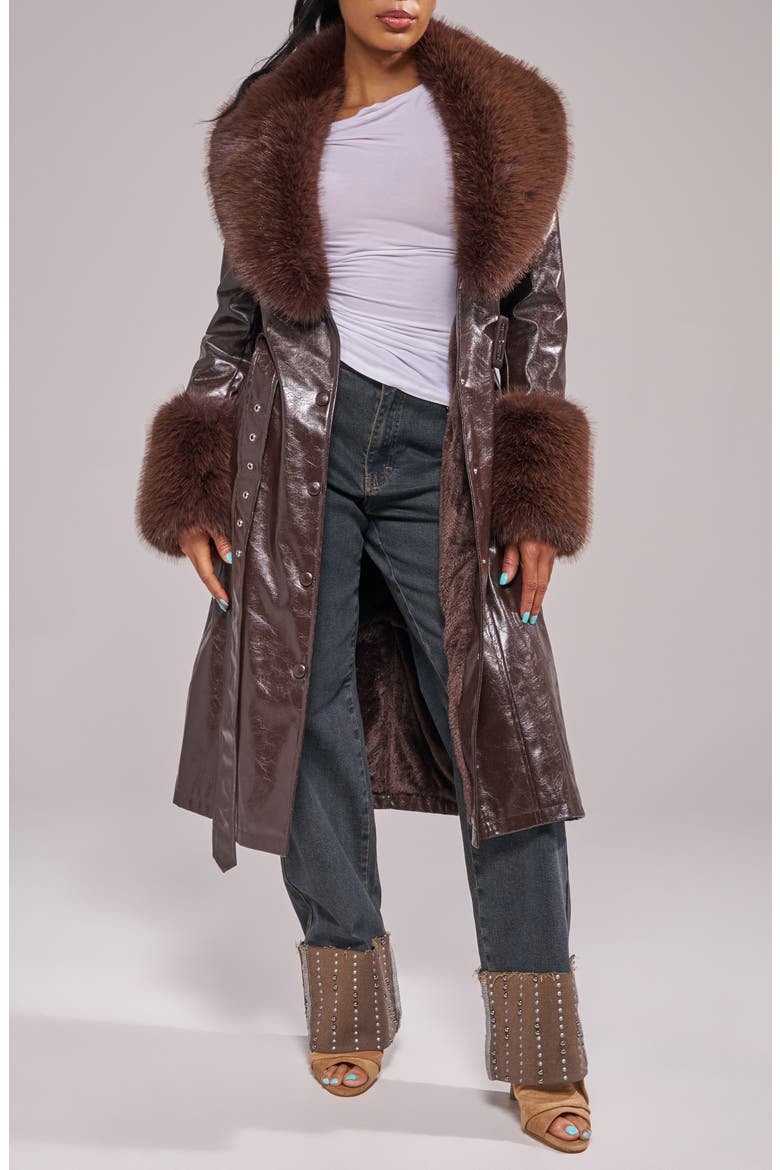 Kaya Trench Coat with Faux Fur Trim, Alternate, color, ESPRESSO