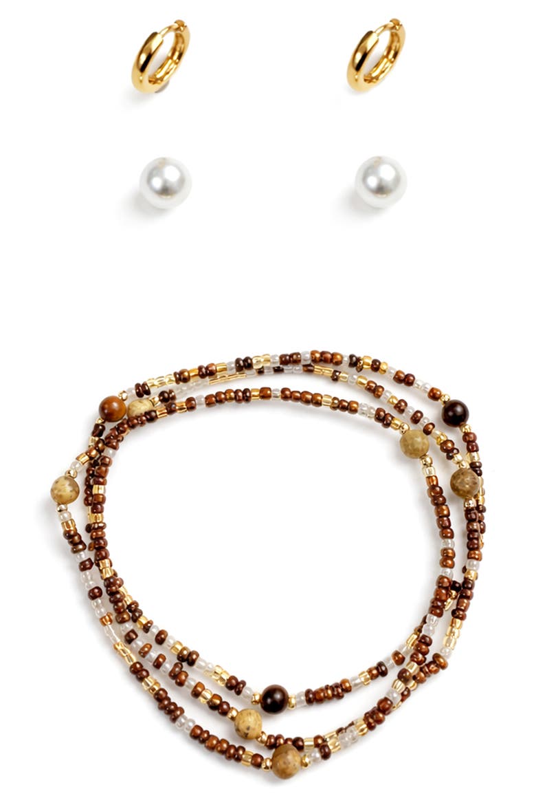 Faux Pearl Stud, Huggie Hoop Earrings & Beaded Stretch Bracelets Set, Alternate, color, BROWN
