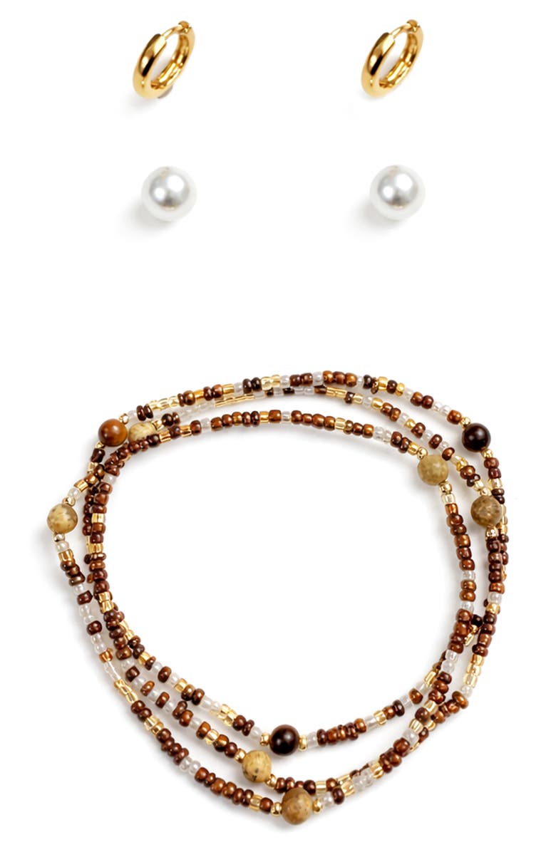 Panacea Faux Pearl Stud, Huggie Hoop Earrings & Beaded Stretch Bracelets Set, Alternate, color, Brown
