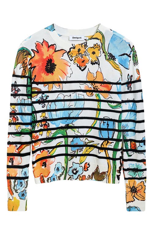 Desigual Stripe Floral Sweater In White Multi