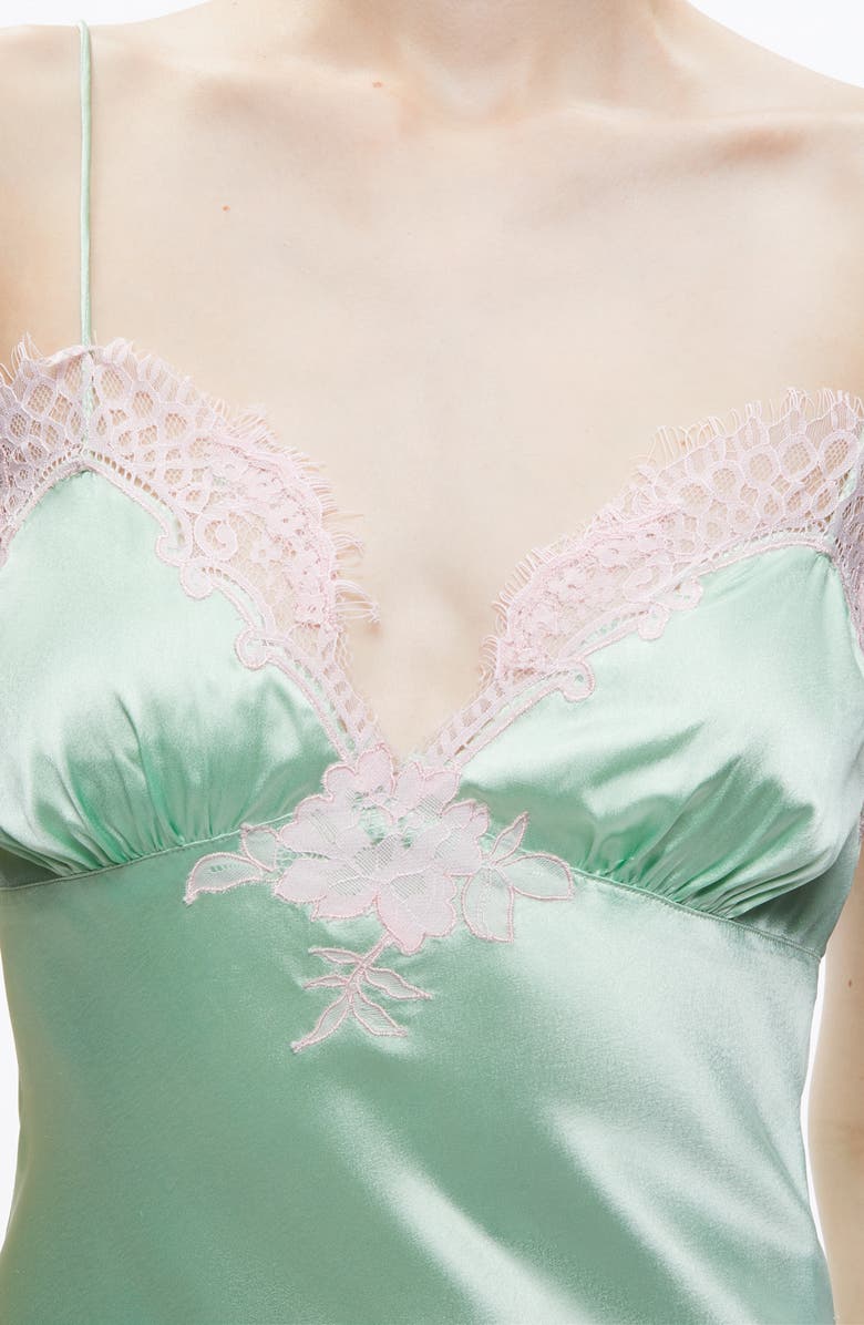 Alice + Olivia Kerr Lace Trim Asymmetric Hem Midi Slipdress, Alternate, color, 