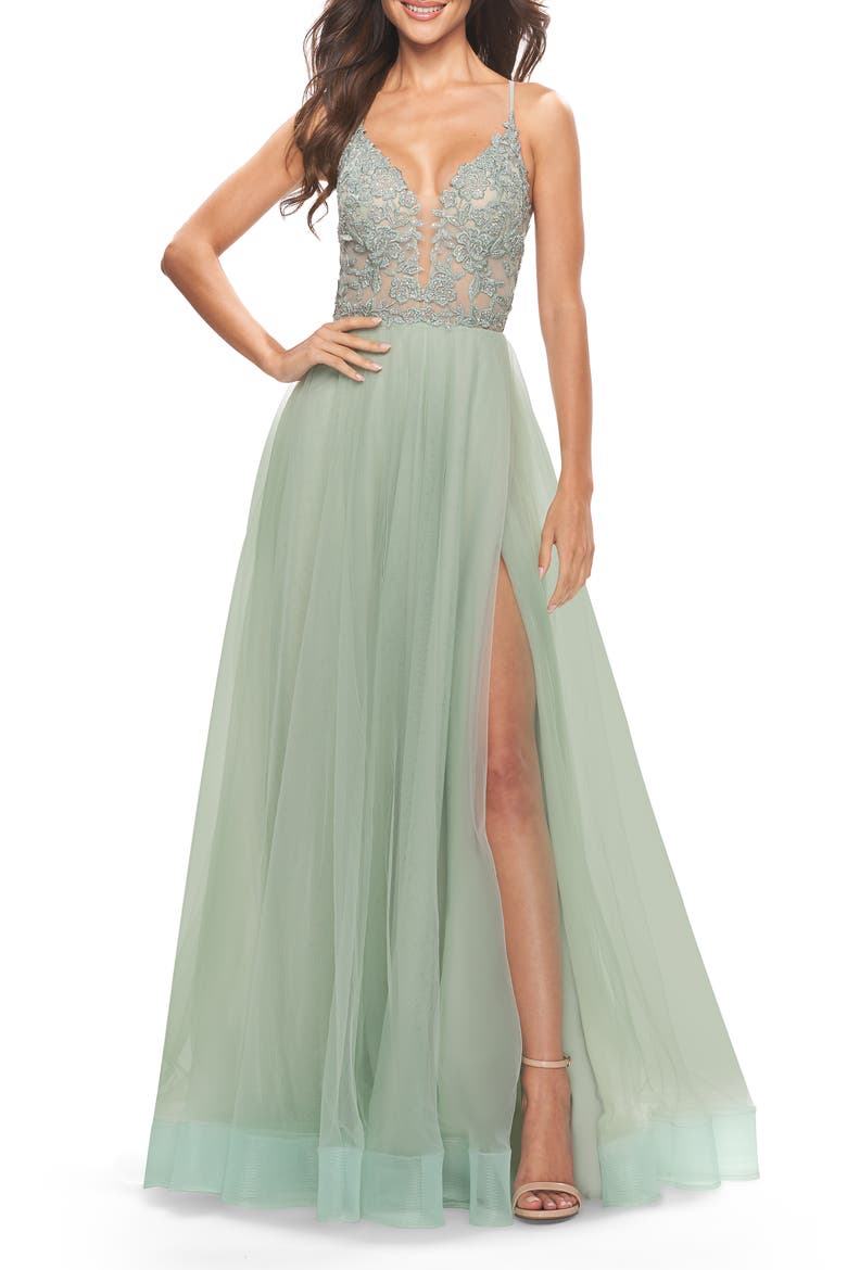 Tulle Gown with Sheer Lace Bodice, Alternate, color, Sage