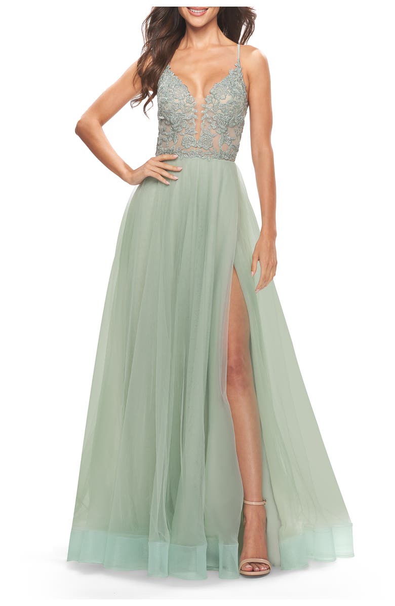 La Femme Tulle Gown with Sheer Lace Bodice, Alternate, color, Sage
