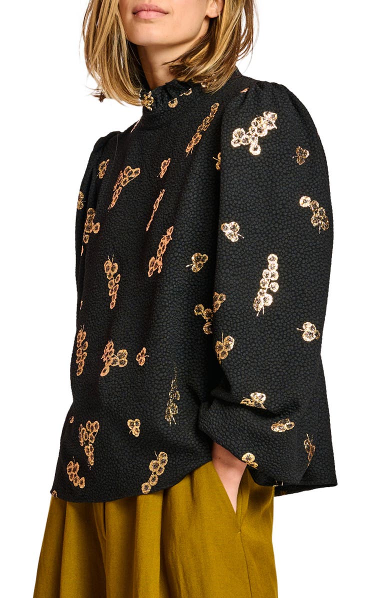 Essentiel Antwerp Adries Gold Floral Ruffle Neck Top, Alternate, color, 