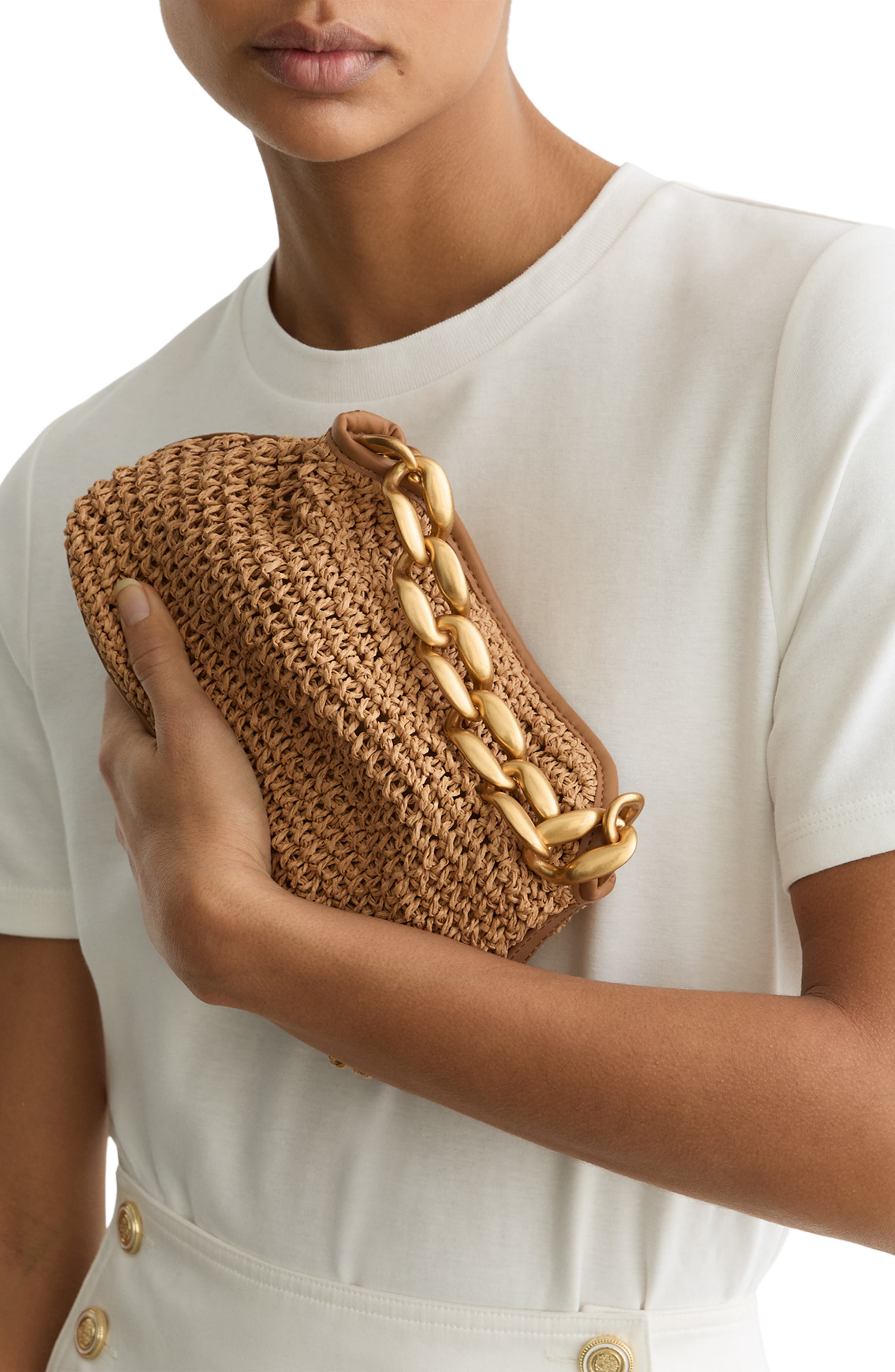 Reiss Peony Raffia Effect Chain Handle Clutch, Alternate, color, Natural