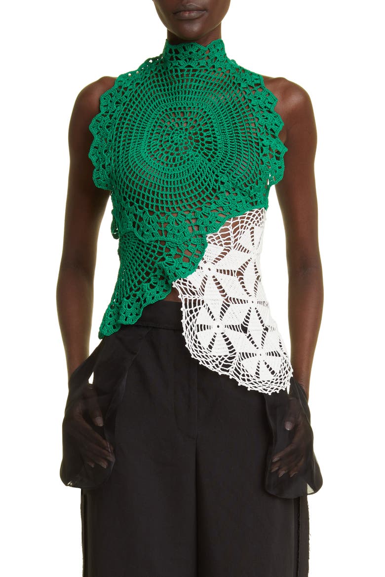 Christa Asymmetric Crochet Top, Main, color, GREEN / WHITE