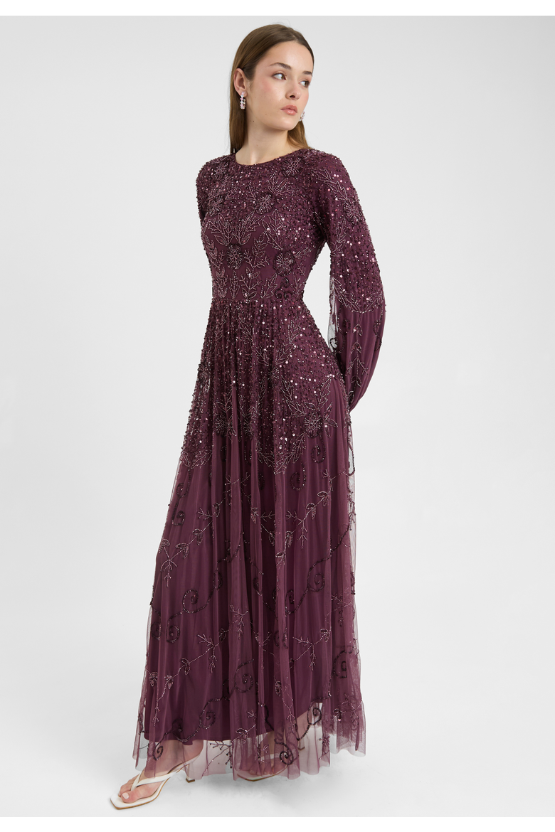 Modest Embellished Sequin Beaded Dress Maxi With Boat Neck, Alternate, color, MAUVE