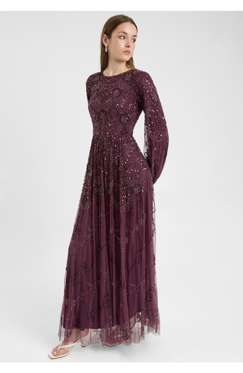 MARYISA Modest Embellished Sequin Beaded Dress Maxi With Boat Neck, Alternate, color, Mauve